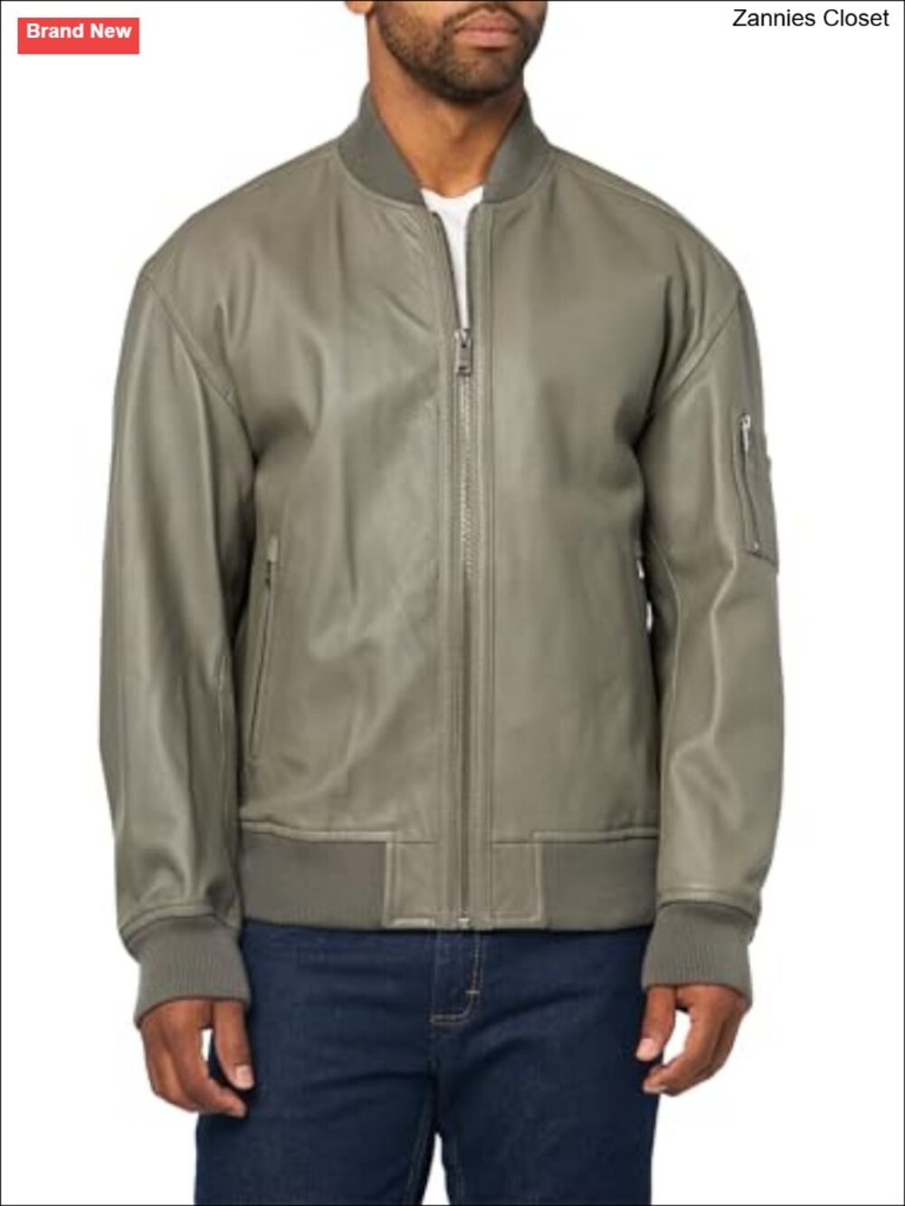 Zip Up Leather Bomber Jacket Regular Fit Long Sleeve Casual Wear